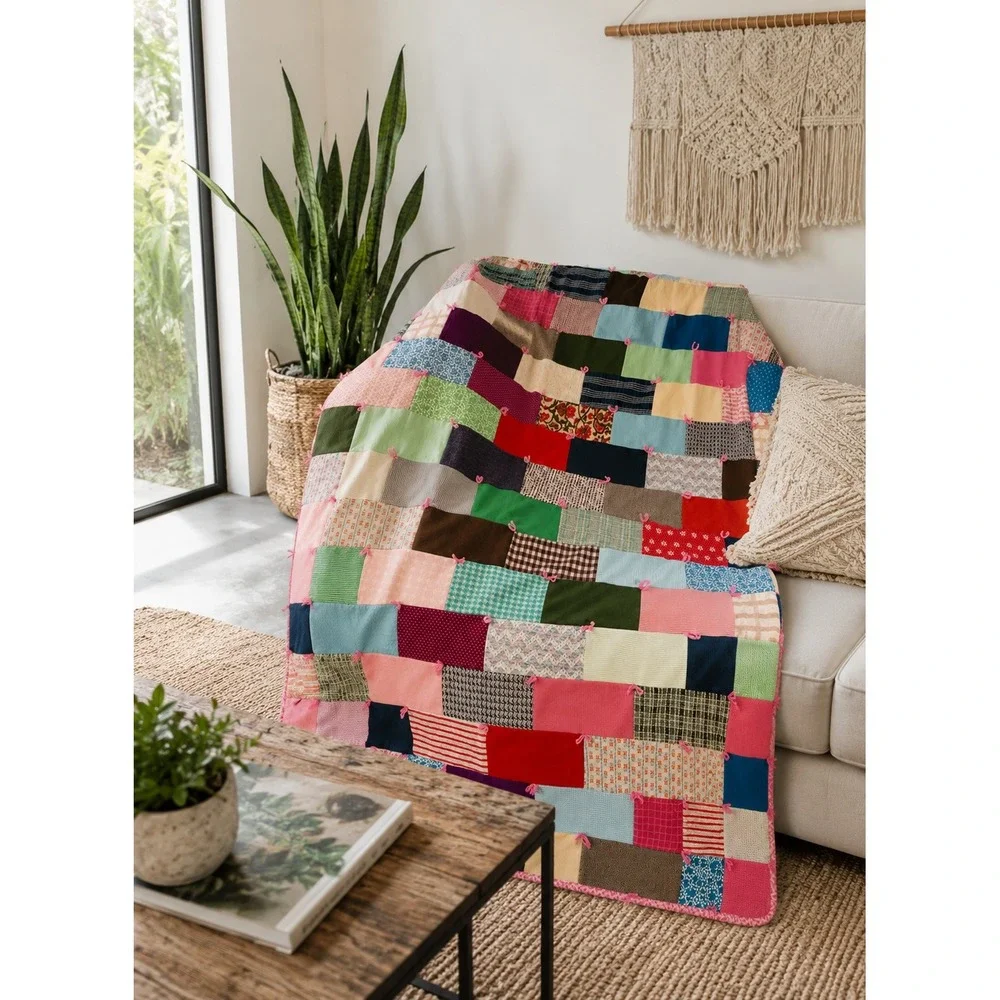 Vintage Handmade Patchwork Tied Quilt Multi Color Scrap‎ Blanket Pink Backing